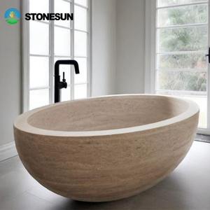 StoneSun Luxus Maßgefertigte Form Rund Oval Handgeschnitzte Natürliche Marmor Freistehende Vietnam Beige Travertin Badewanne - Product Image 6
