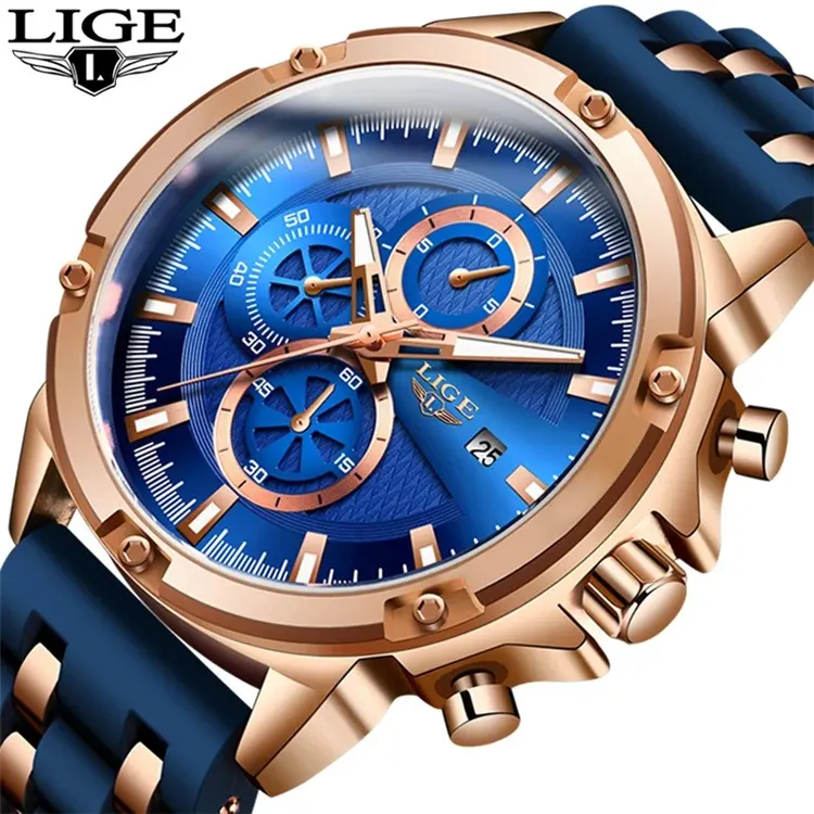 LIGE 10028 Wholesale Amazon Hot Models Business Men's Wrist Watch Waterproof blue Men's Watch Classic Silicone Fashion Watches