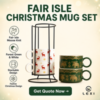 Fair Isle Moose Örgü Seramik Kupa Seti Orman Yeşili Altın Kaplamalı Bantlı İstiflenebilir Döngü Bardak Kabin Ocak Rayı LEXI için