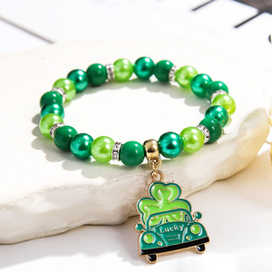 St Patricks <b>Beaded</b> <b>Bracelet</b> Green Faux Pearl Alloy Pendant Jewelry For Women Fashion Accessories - Product Image 2