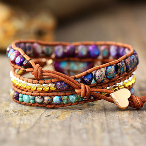 Bracelet en Cordon de Cuir avec Perles en Pierre Impériale en Forme de Cœur, Bijou Bohème Multicouche pour Femme, Idéal Cadeau - Product Image 5