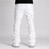 DiZNEW Jeans blancs multi-bretelles empilés pour hommes, pantalon cargo en denim à œillets et lacets, style gothique streetwear, usine certifiée BSCI, OEM