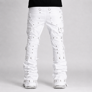DiZNEW Jeans blancs multi-bretelles empilés pour hommes, pantalon cargo en denim à œillets et lacets, style gothique streetwear, usine certifiée BSCI, OEM - Product Image 2