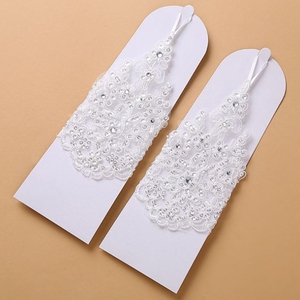White Ivory Red Short Wedding <strong>Gloves</strong> Wrist Length <strong>Fingerless</strong> Lace Appliques Sequins Bridal <strong>Gloves</strong> - Product Image 5