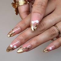 Offre Spéciale – Ongles Acryliques à Presser Luxe Rose Dégradé Or, Motif Tulipe Blanche 3D et Branche Feuille d'Or, Forme Amande – Vente en Gros Personnalisable