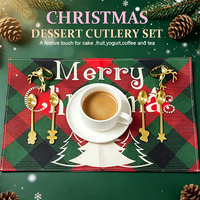 Service de table de Noël 8 pièces en acier inoxydable avec cuillère, set de table en lin, anneau de serviette motif cerf et dessin animé pour 2 personnes, pour la maison, les fêtes et les vacances