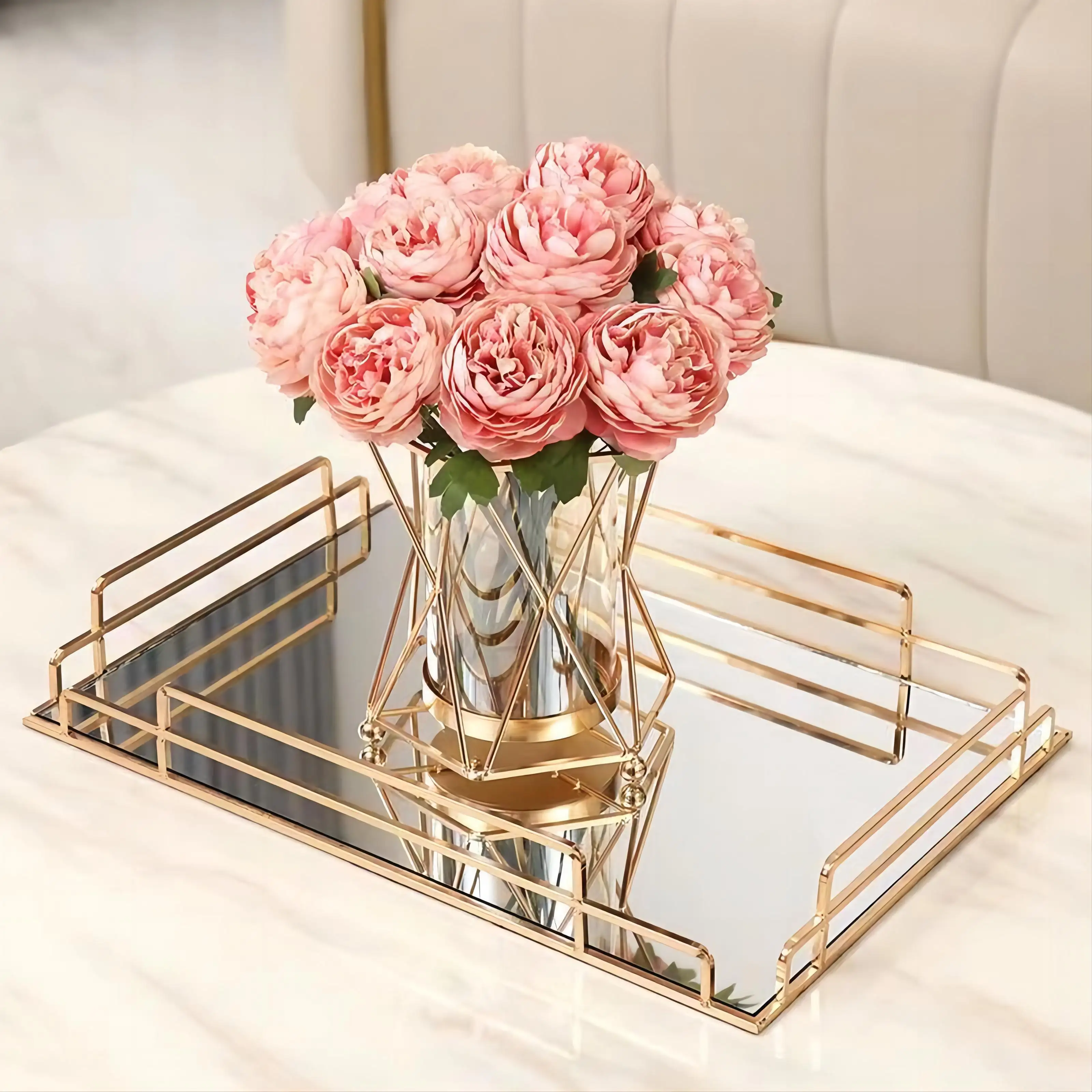 Table de salon nordique intérieure dorée, plateau miroir en cristal de luxe moderne, décoration de mariage, autres décorations pour la maison