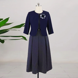 Ensemble de vêtements de cérémonie pour femmes grandes tailles, costume de bureau formel bleu à pois, veste courte boutonnée - Product Image 1