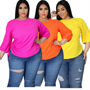 Wholesale Plus Size <b>Tshirts</b> Summer Breathable Solid Color Crew Neck Plus Size Women's Irregular Three Quarter Womens <b>Tshirts</b>. - Product Image 4