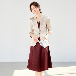 Women's Burgundy Suit <b>Set</b> Satin <b>Blazer</b> Pants Professional Office Wear - Product Image 4