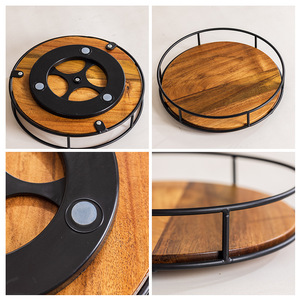 Plateau de rangement rotatif en bois d'acacia et fer forgé, rond, multifonctionnel, organisateur de cuisine sur pied, finition vernie - Product Image 1