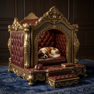 Divano Sezionale Classico in Pelle per Villa di Lusso, Mobili da Soggiorno in Legno Massello Intagliato con Letto Integrato per Animali Domestici - Product Image 5