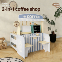 Zongheng Blue Diecast Mini-ensemble de jeu de rôle pour bébé, thème café double face, en bois, pour cuisine de bureau, cadeau