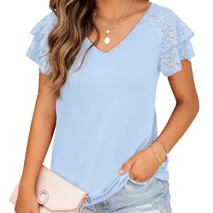 Light Blue Summer Tops Double Lace Sleeve Shirts for Women V Neck Loose Casual Tee Tunics