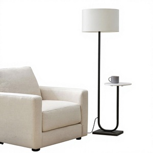 Modern Minimalist LED Floor <b>Lamp</b> with E27 Base White Drum Shade Metal Frame and Side <b>Table</b> for Living Room Bedroom - Product Image 2