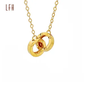 Trendy 18k Jewelry Double ring necklace Elegant zircon pendant 18k Real Gold Necklace Au750 Real Gold Pendant