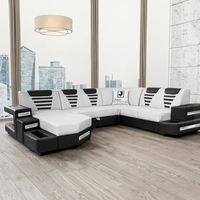 Nouveau canapé de salon en cuir véritable au design moderne, garni d'éponge, multifonctionnel, en forme de U, avec éclairage LED, canapé sectionnel