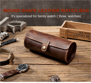 Vintage Genuine Leather <b>Watch</b> Roll <b>Case</b> 3 Slots Cylindrical Travel <b>Watch</b> Pouch Portable Storage Organizer Box Snap Button - Product Image 6