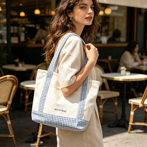 Custom Logo Plaid Contrast Trim Design Canvas Tote <strong>Bag</strong> Large Capacity Durable Fabric Shopper <strong>Bag</strong> <strong>Foldable</strong> Premium Shopping <strong>Bag</strong> - Product Image 3