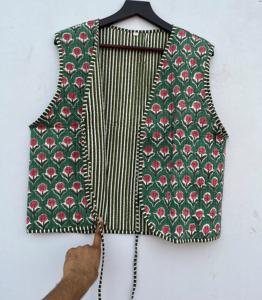 Veste matelassée en coton imprimé fleuri pour femmes faite à la main col en V avant ouvert cravate-sans manches courtes catégorie gilets pour femmes - Product Image 5