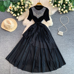 <span class=keywords><strong>Abito</strong></span> Estivo Elegante <span class=keywords><strong>Verde</strong></span> da Donna, Manica Corta, Collo Tondo con Perline, Vestito <span class=keywords><strong>Midi</strong></span> Plissettato a Trapezio con Fiocco in Vita - Product Image 2