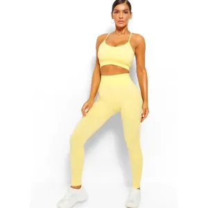 Wanita Gym Legging Lemon Kuning Cocok Seamfree Kontras Gym Legging