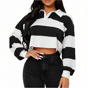 T-shirt <span class=keywords><strong>polo</strong></span> pour <span class=keywords><strong>femme</strong></span> à manches longues, demi-boutonnage, colorblock, épaules tombantes, style <span class=keywords><strong>rugby</strong></span>, en blanc et rayures, personnalisable - Product Image 1