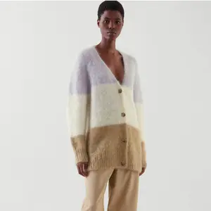 Fabrik kunden spezifisches Design plus Größe Loose Fit Long Sweater Eis Color block V-Ausschnitt 68% Mohair 32% Woll jacke