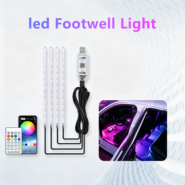 5V USB Car Footwell RGB Ambient Light Strip Voice Music Sync LED Foot Lamp APP Remote Gradient Interior Atmosphere Light 100%