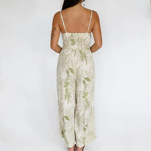 Jumpsuits de playa con estampado de diseño al por mayor, con cuello en V, plisados, de pierna ancha, personalizados, de rayón, estilo hawaiano - Product Image 5