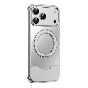 Advanced Aluminum Frameless Magnetic Case for <b>iPhone</b> 17 15 16 Pro Max With 360° Ring Stand Matte PC Back Panel Shockproof Cover - Product Image 1