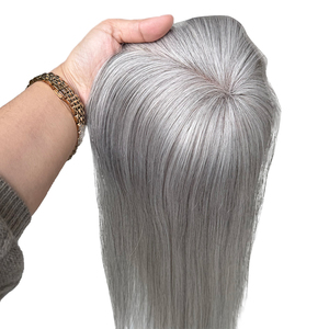 Topper de cheveux humains européens à double tirage de couleur sel et poivre pour cheveux clairsemés Topper de cheveux gris argenté à densité de lumière - Product Image 5