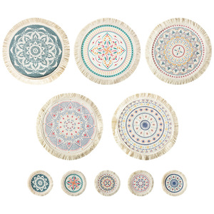 แผ่นรองจานพิมพ์ลายสไตล์โบโฮทรงกลมพร้อมพู่ห้อย ซักล้างได้ ของตกแต่งบ้าน ชุดแผ่นรองจานและที่รองแก้ว - Product Image 4