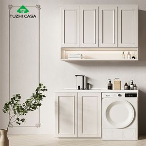 Moderne Roestvrijstalen Lakafwerking Mdf-Kast Opberg Wasgoed Drooggootsteen Kast Combo Met Laden Wasmachine - Product Image 2