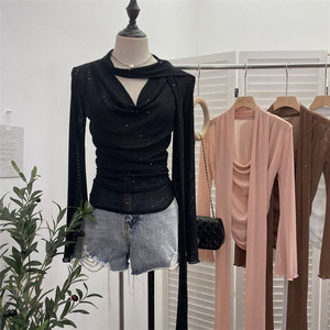 Maglietta Sexy con <span class=keywords><strong>Glitter</strong></span> a vita stretta e trasparente Top Pullover Slim Basic a maniche lunghe in <span class=keywords><strong>maglia</strong></span> con scollo a V Top Top da <span class=keywords><strong>donna</strong></span> - Product Image 3