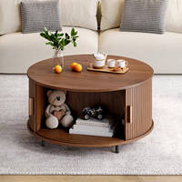 Table basse ronde coulissante MULIGNA, style moderne minimaliste, en bois massif, avec espace de rangement caché