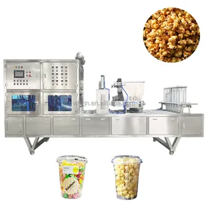 Automatic Transparent Pet Popcorn Cups Filling And Sealing Packing Machine With Lifter