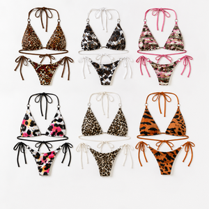 Maillot de bain bikini personnalisé d'été pour femme, fabricant OEM de vêtements de bain, ensemble bikini triangle imprimé léopard - Product Image 1