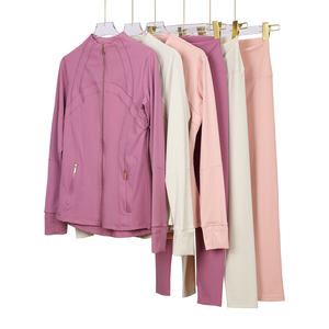 Solid Color Women's <b>Yoga</b> <b>Jacket</b> and Leggings Set in Pink, Beige, and Purple with Zipper Front and Side Pockets - Product Image 1