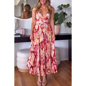 Nuovo Stile Abito da Spiaggia per le Vacanze con Scollo a V, Stampa Floreale, Senza Maniche, Plissettato, Abito <span class=keywords><strong>Midi</strong></span> alla Moda con Lacci - Product Image 6