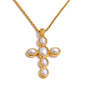JINYOU 2172 Exquisito Collar con Colgante de Cruz de Perlas Simuladas, Collar de Cadena Delgada Trenzada de Acero Inoxidable - Product Image 1