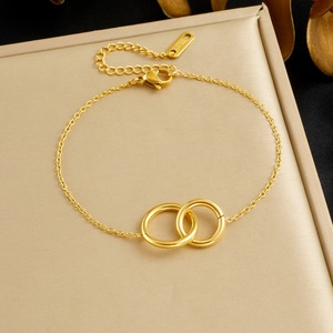 Double Ring Interlocking Pendant Chain Bracelet Gold Plated Geometric Unisex Jewelry - Product Image 1