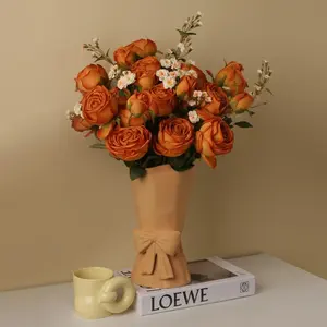 En Gros, Élégant <span class=keywords><strong>Bouquet</strong></span> de Roses <span class=keywords><strong>Artificielles</strong></span> Orange Automnal, Composition Florale pour Cadeau de Saint-Valentin ou Décoration de Table de Mariage - Product Image 5