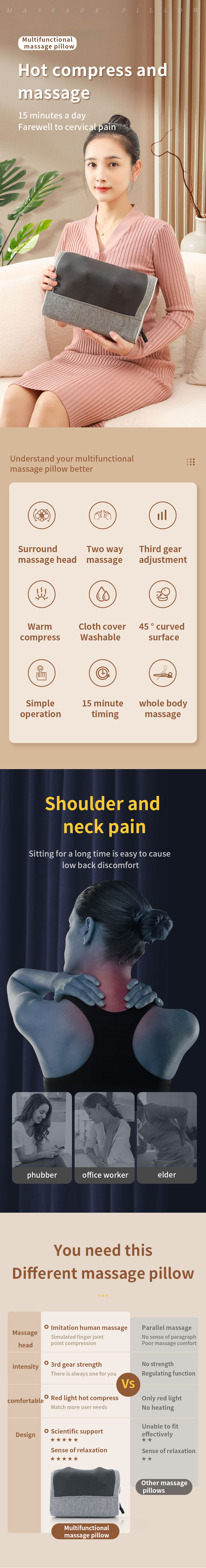 Car Heat Massager Deep Kneading Shiatsu Infrared Massage Pillow For Neck Back Shoulder Leg Waist