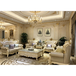 Sofá Seccional de Cuero para Sala de Estar, Estilo Aristocrático Francés, Vintage, Madera Maciza Tallada a Mano, Beige Dorado, 123 Plazas, para Villa - Product Image 1