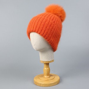 Ladies Fuzzy <span class=keywords><strong>Orange</strong></span> Fuchsia Warm Thick Ribbed Knit Laine Rabbit Hair Blended Fox Fur Pompom Beanie Tuque Winter Hat with Fur Ball - Product Image 5