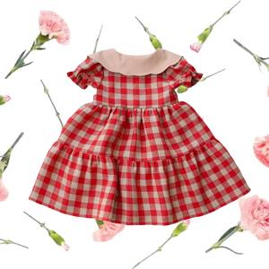 लड़कियों के लिए स्टाइलिश लघु आस्तीन राजकुमारी पोशाक, रेट्रो चेकआउट फूलों के पैटर्न मीठे रंग के लिनन कपास पोशाक - Product Image 2