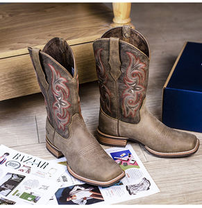 Bottes de Cowboy Classiques pour <span class=keywords><strong>Femme</strong></span> en Cuir Véritable Cousu Goodyear à Bout Carré Bottines Plates Western - Product Image 4