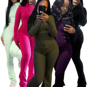 レディース 秋 カジュアル ジップ パッチワーク ジャケット トップス + ボディコン パンツ スーツ ウィメンズ トラックスーツ スポーツウェア 2点セット - Product Image 2