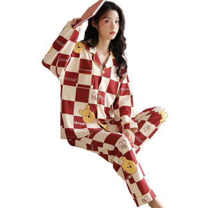 Новая красная клетчатая Пижама женские весенние и летние модели с принтом медведя можно носить на улице, удобная домашняя пижама - Product Image 1
